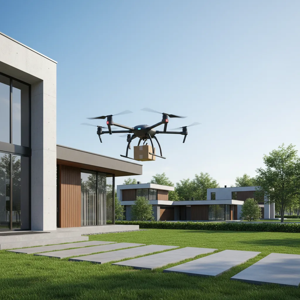 Drone delivering package to urban home.