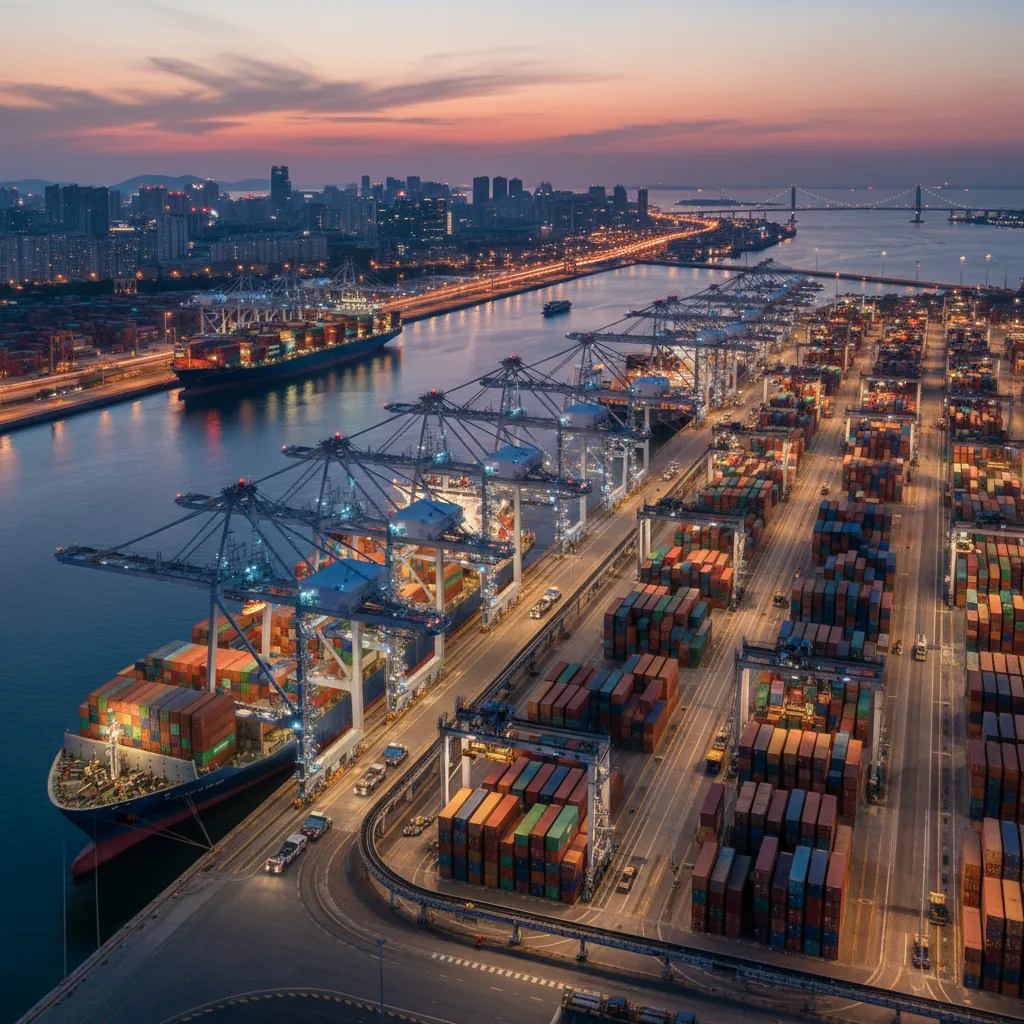 Automated port with robotic cranes loading containers.