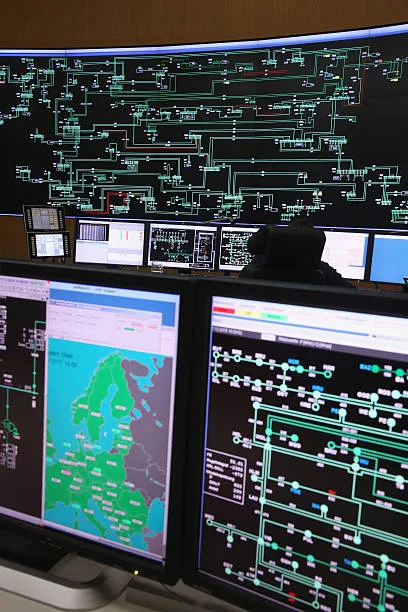 A smart grid control center monitors and manages the complex flow of electricity, integrating tradit
