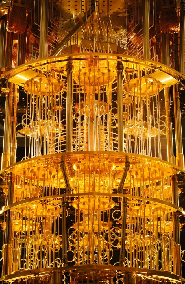 Quantum computers, like this one featuring a distinctive dilution refrigerator, harness quantum-mech