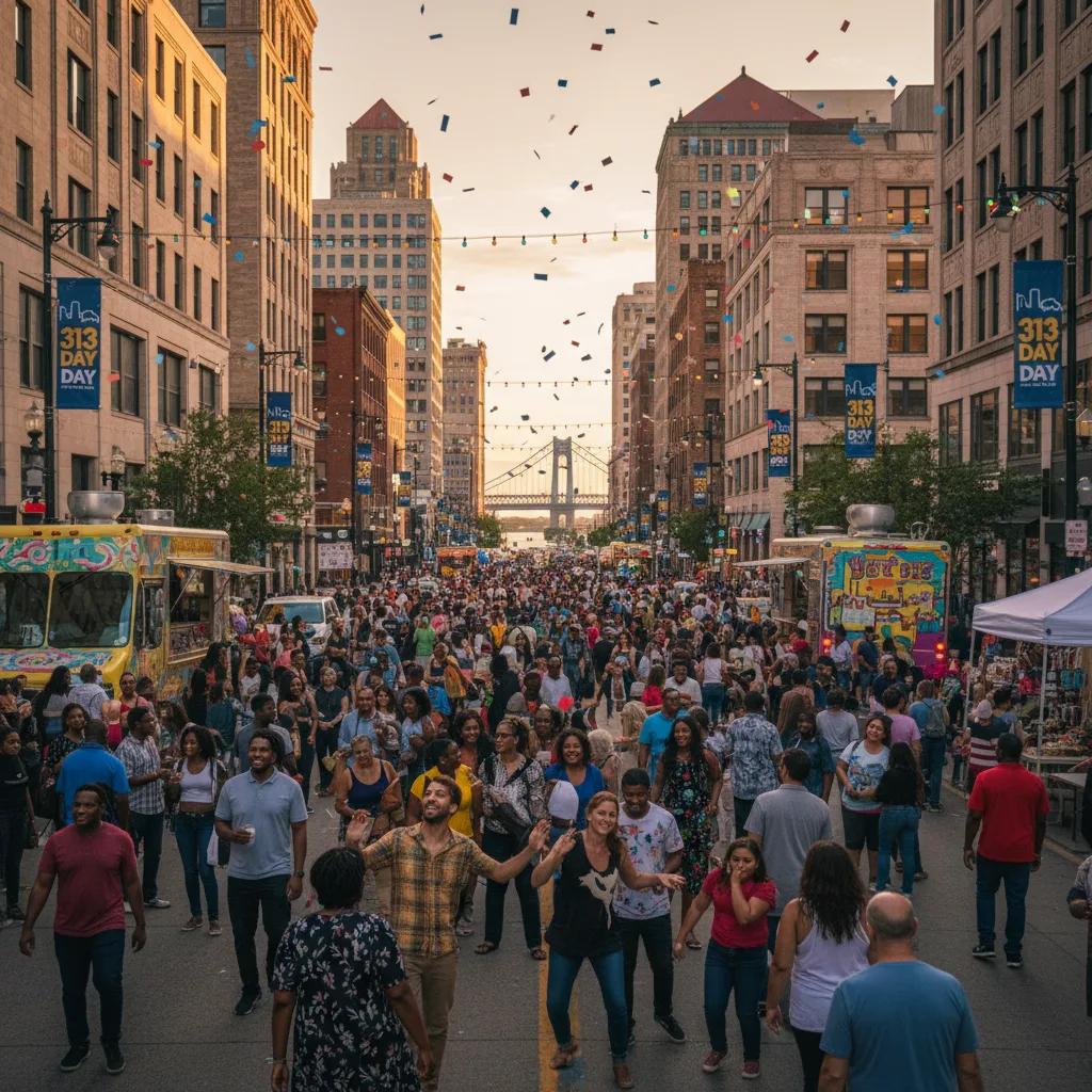 Bustling Detroit street celebration with diverse crowds and local businesses.