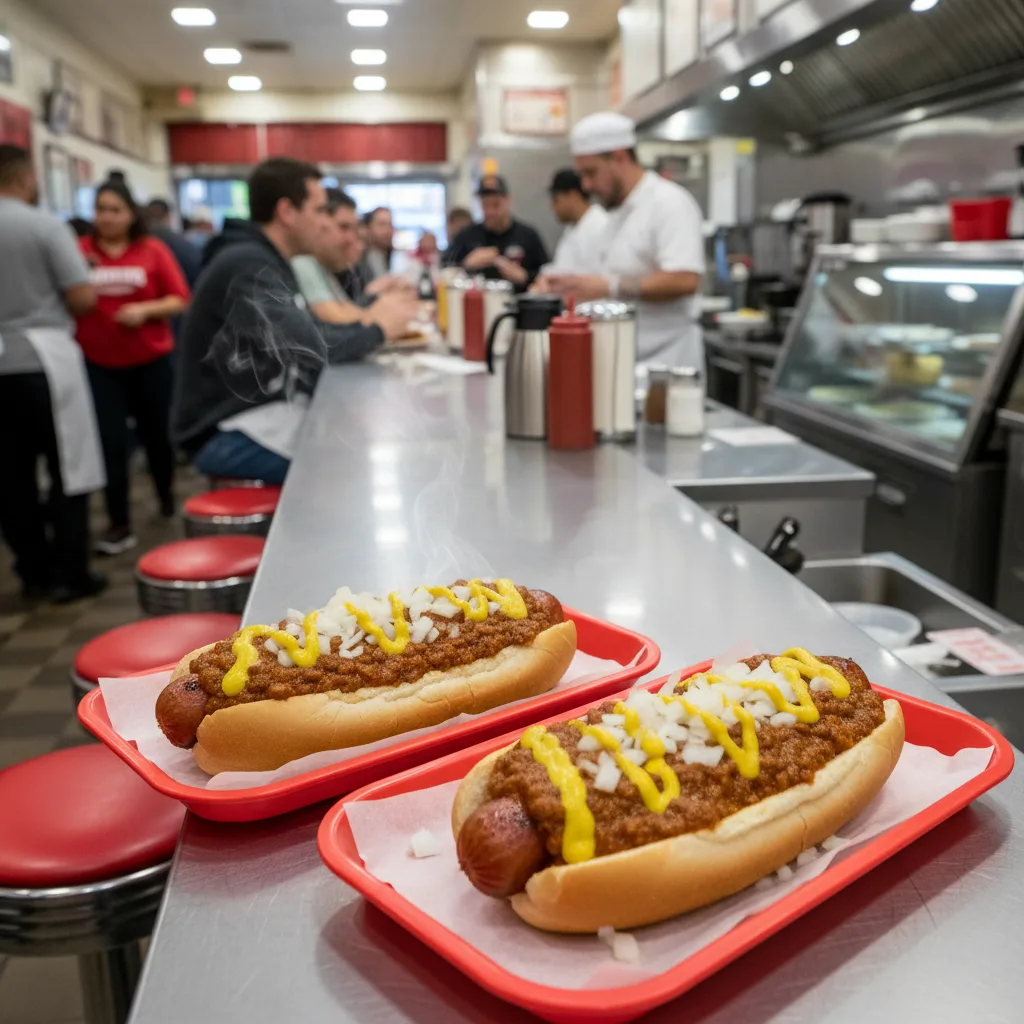 Classic Detroit Coney dogs with chili, onions, and mustard.