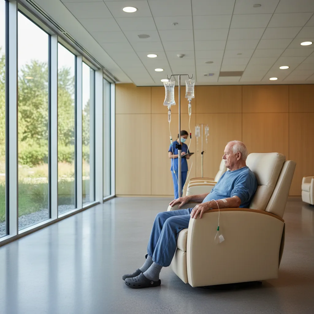 Paziente che riceve un'infusione di chemioterapia in un ambiente ospedaliero moderno e calmo.