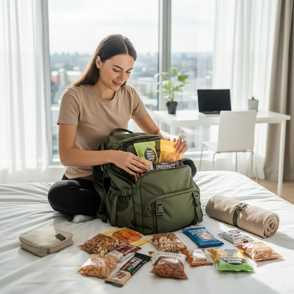 Digital nomad packing healthy, shelf-stable snacks for travel.