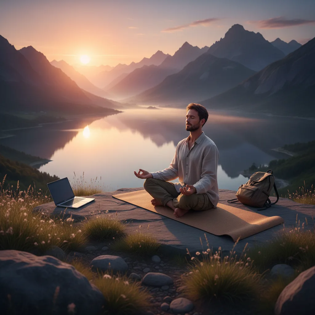 Digital nomad meditating outdoors for mental well-being.