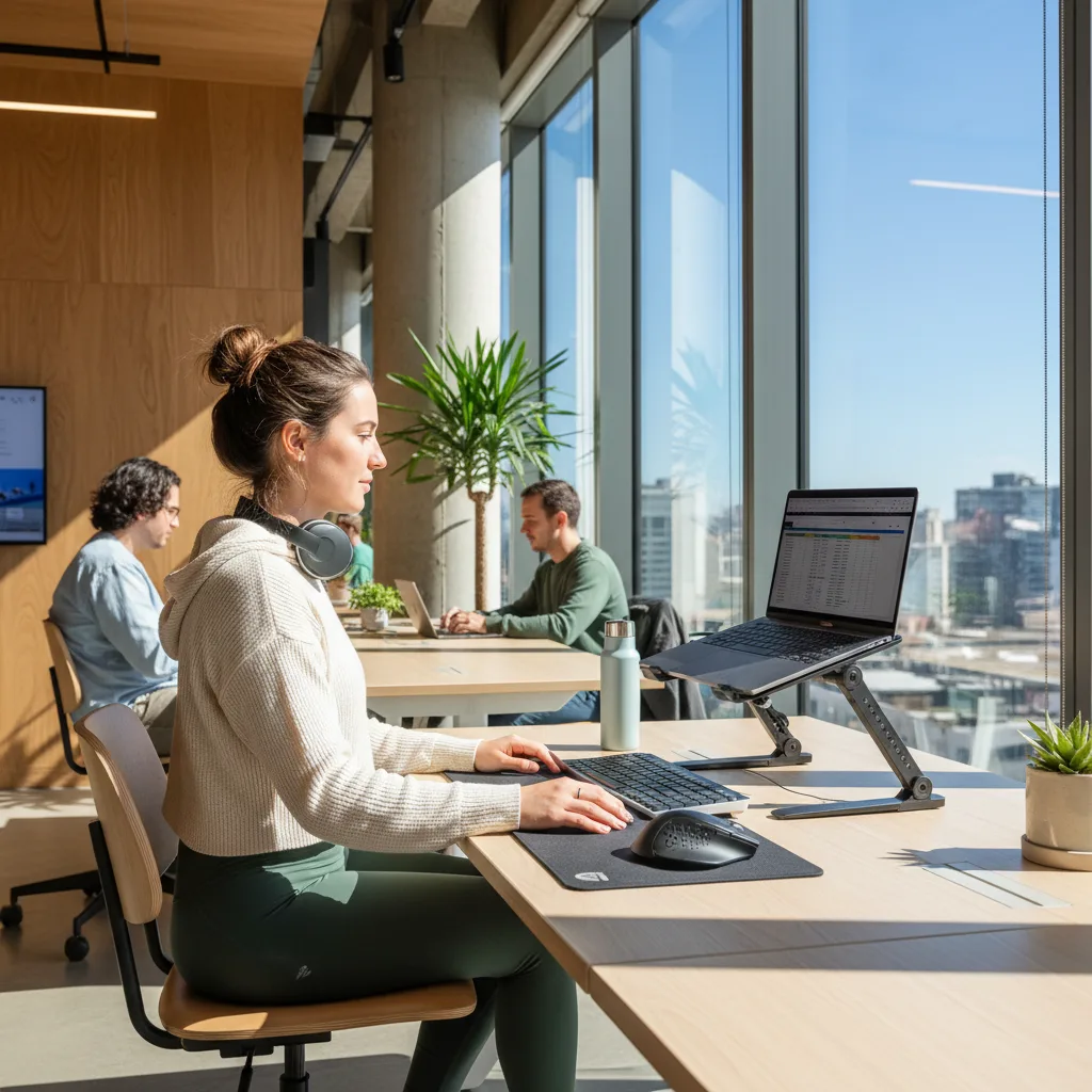Digital nomad using an ergonomic portable workspace setup.