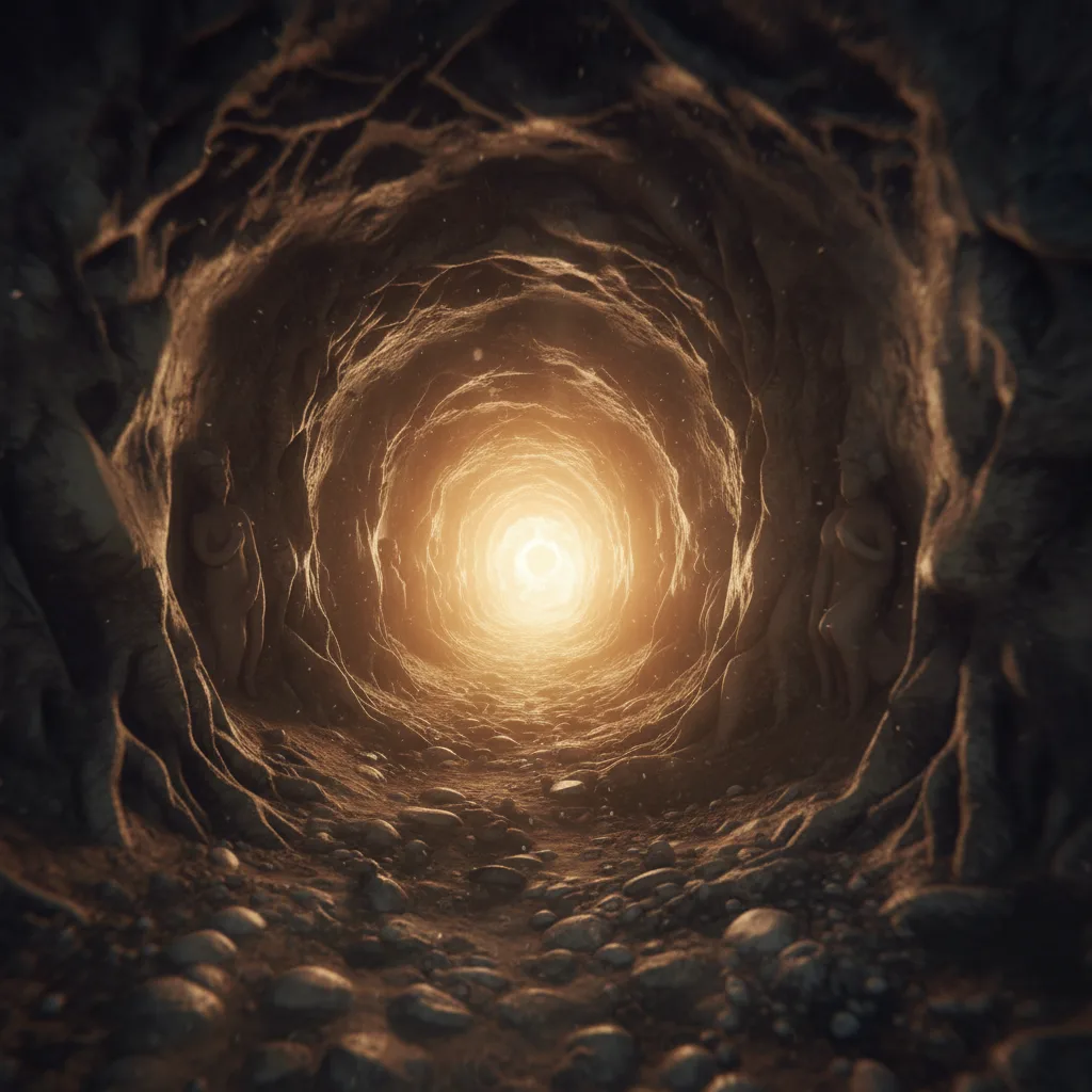 Personne vivant une expérience de mort imminente, se dirigeant vers la lumière.