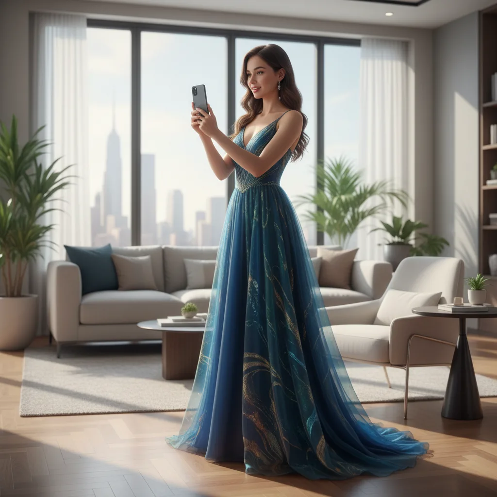 Femme essayant virtuellement des vêtements à l'aide de la réalité augmentée sur smartphone.