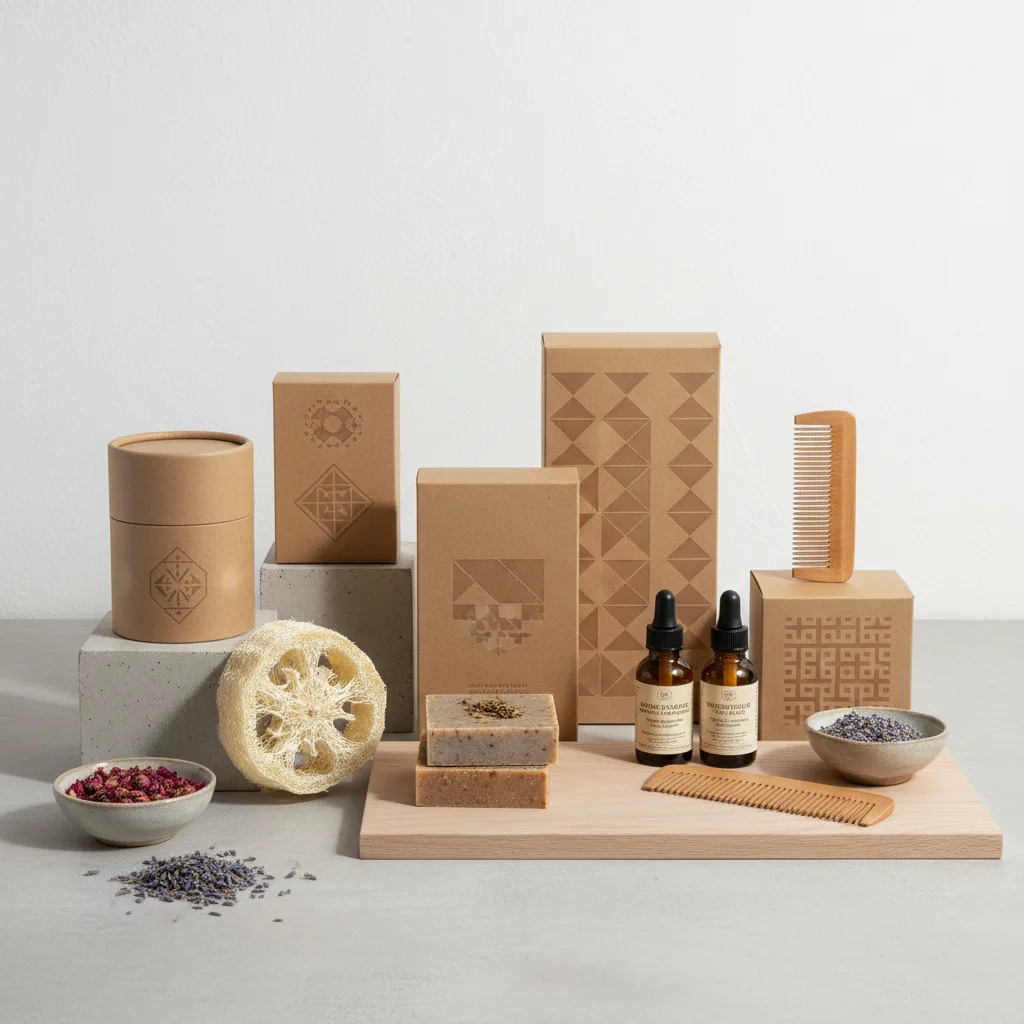 Emballages écologiques et produits durables dans un cadre e-commerce moderne.