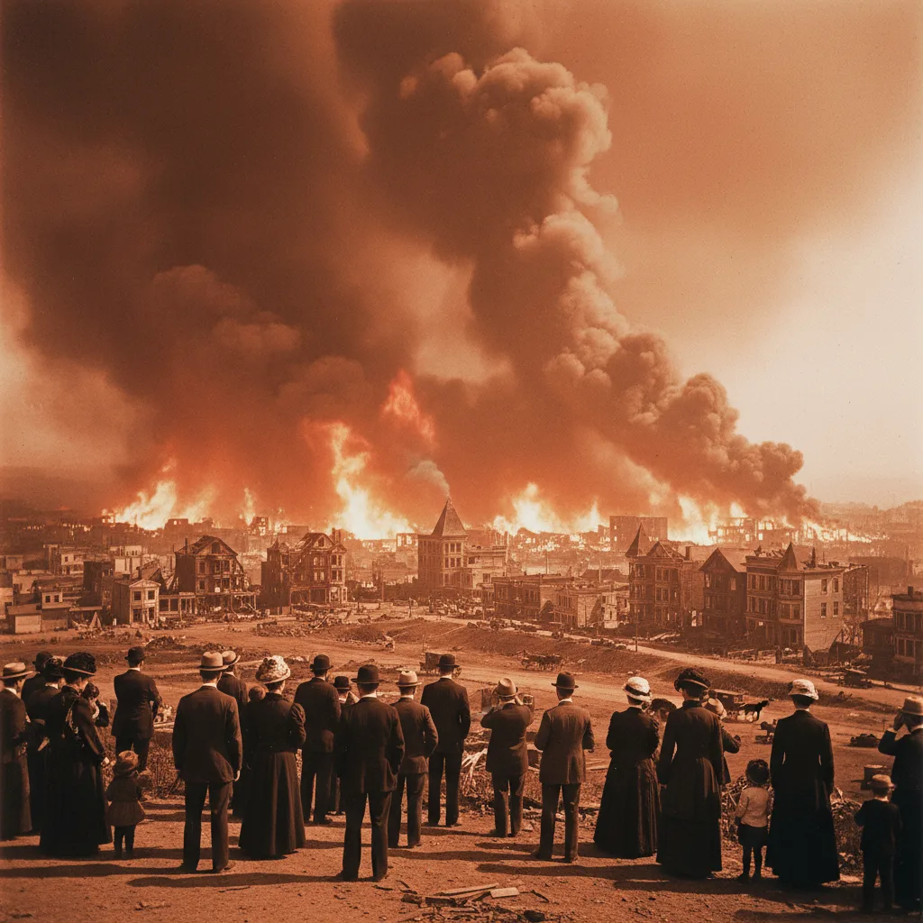 San Francisco engulfed in fire after 1906 earthquake.