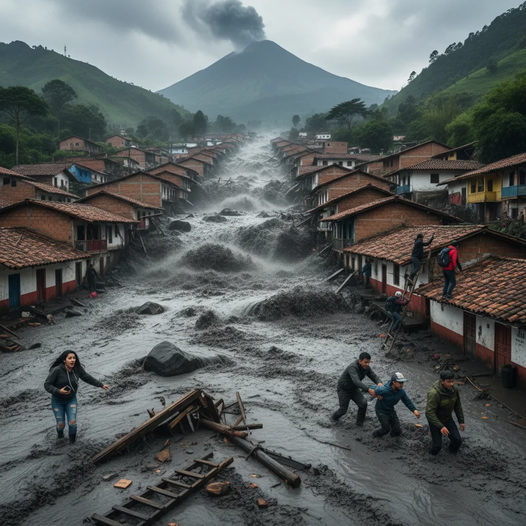 Volcanic mudflow (lahar) engulfs Colombian town, 1985.