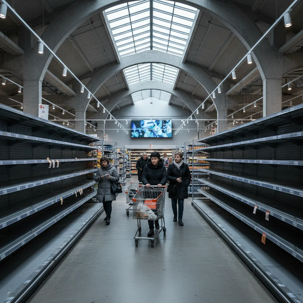 Empty supermarket shelves, reflecting supply shortages and panic buying.