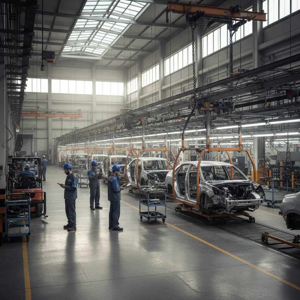 An idle car factory assembly line, showing production struggles.