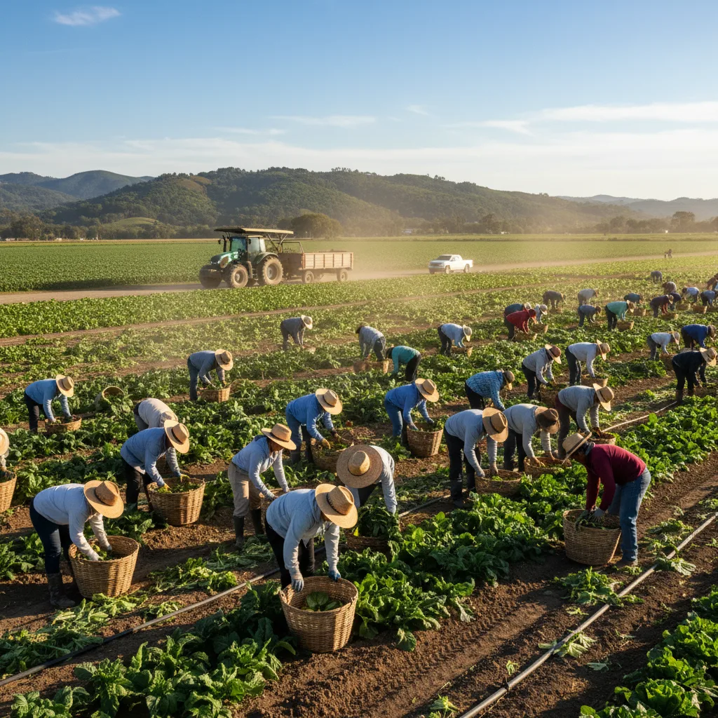 Agricultural workers harvesting crops in a vast, sunny field.