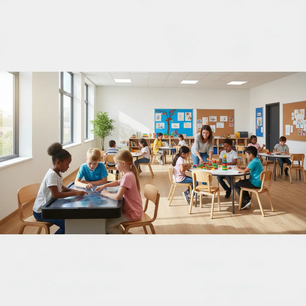Diverse children learning in a vibrant, modern classroom setting.