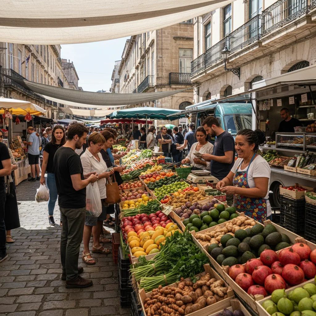 Immigrant entrepreneur proudly running a bustling small market stall.