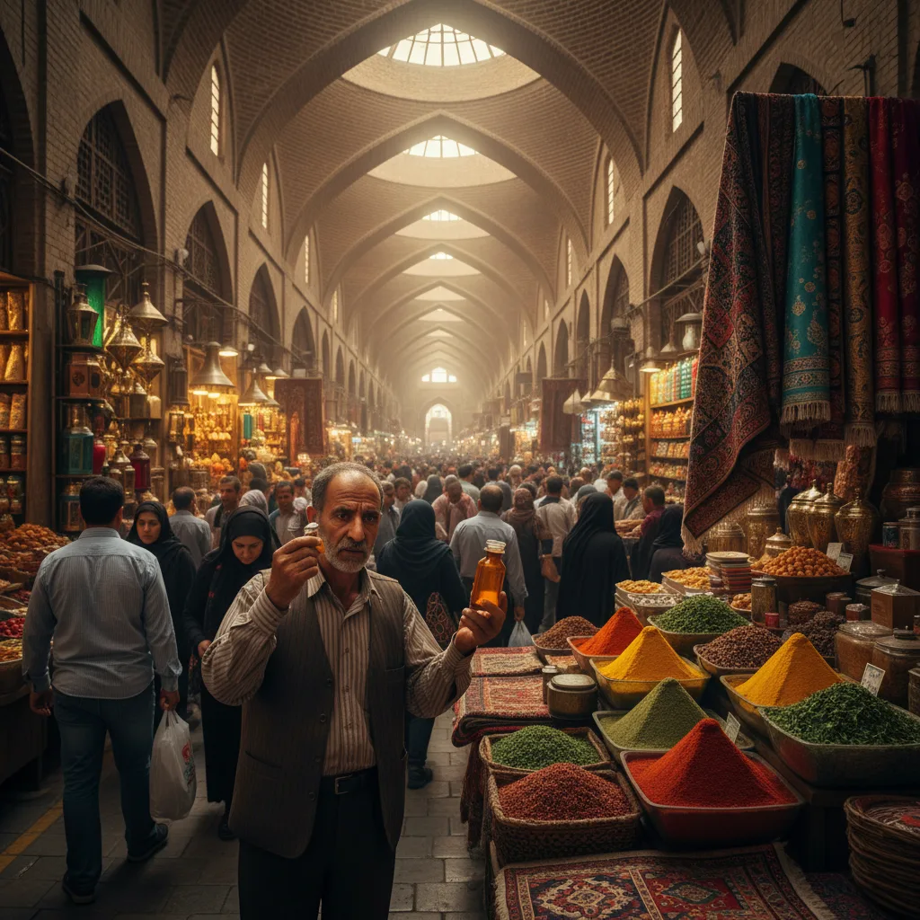 Vendor struggles in a vibrant Tehran market for medicine.
