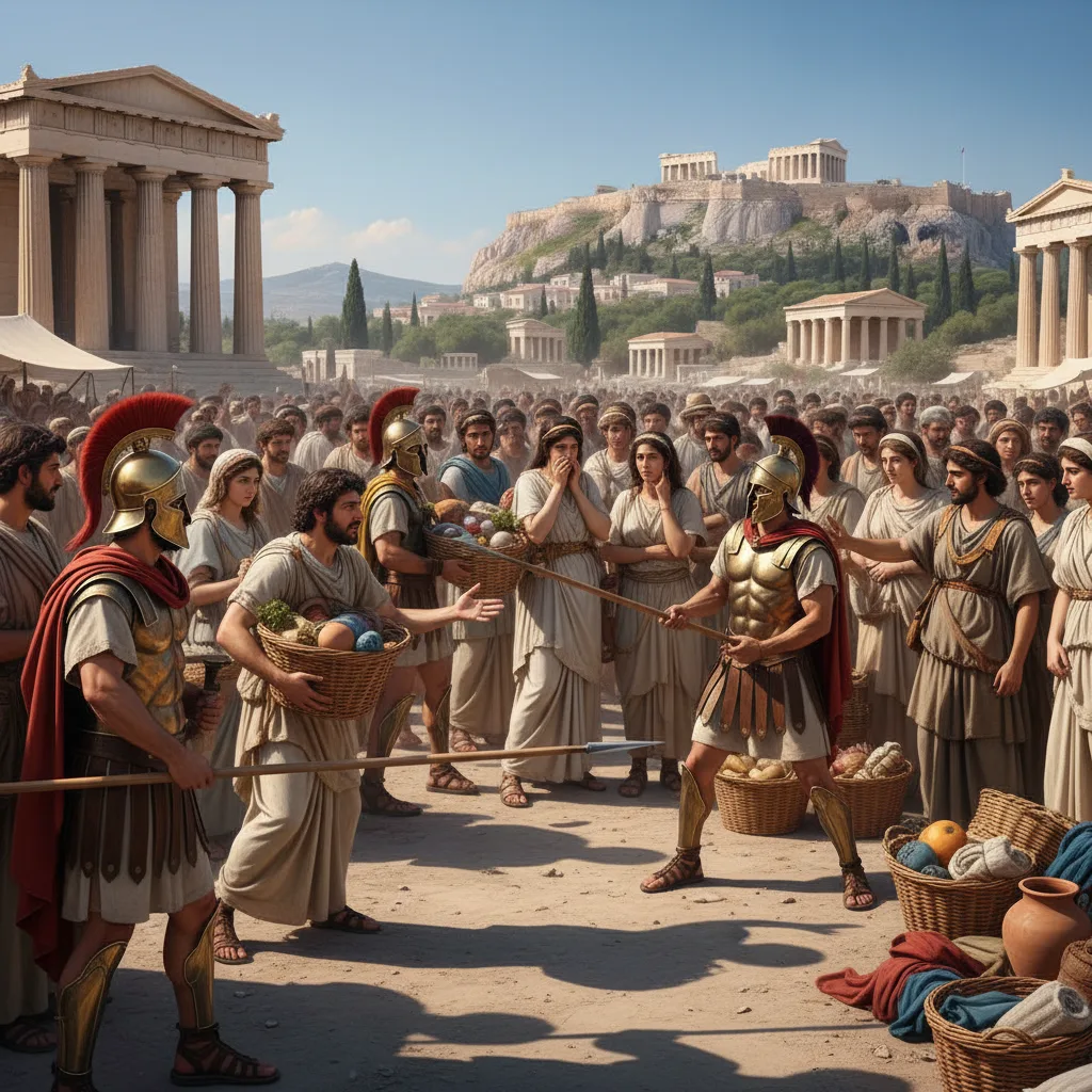 Athenian Agora in 432 BCE, Megarian merchants facing trade ban.