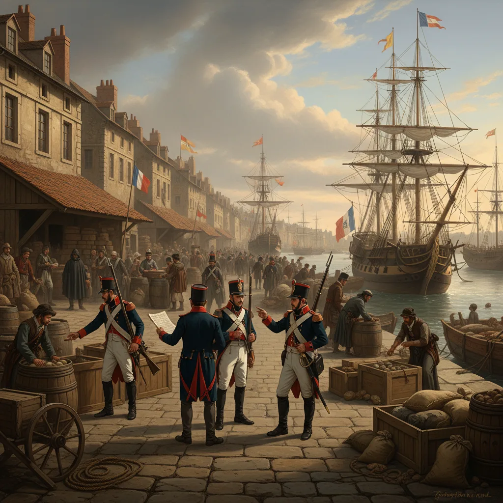 French soldiers enforcing Napoleon's Continental System at a European port.