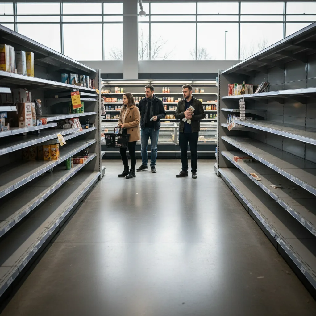 Estantes de supermercado vacíos debido a restricciones comerciales.