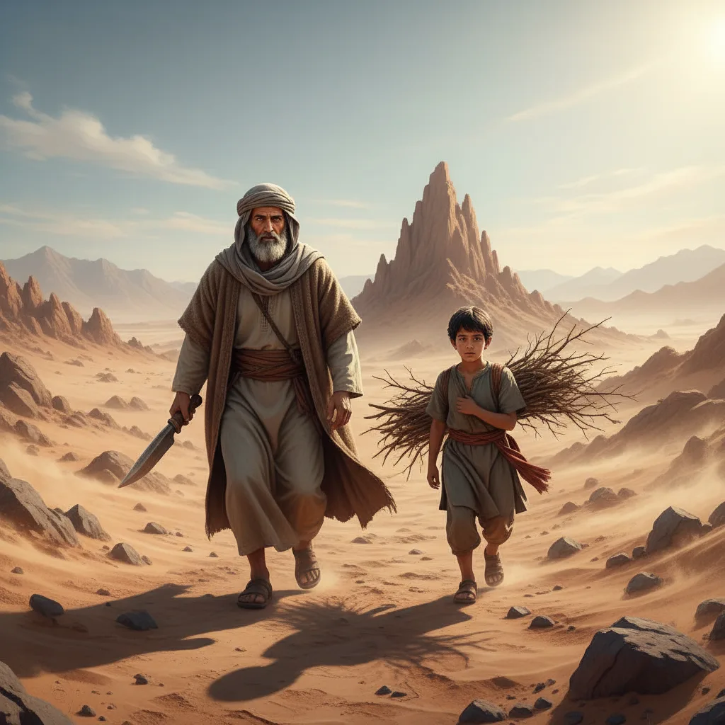 Ibrahim and Isma'il walk to sacrifice site in ancient desert.