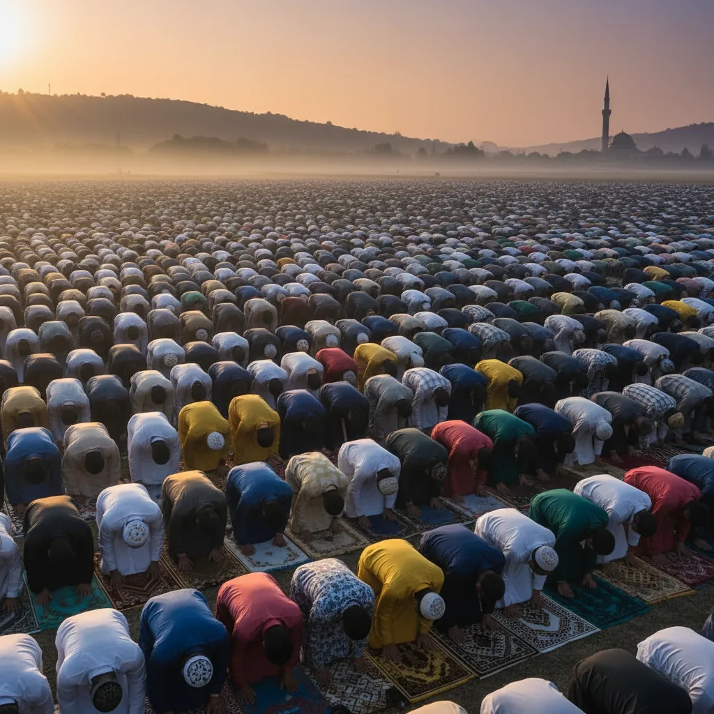 Millions of Muslims perform congregational Eid prayer outdoors.