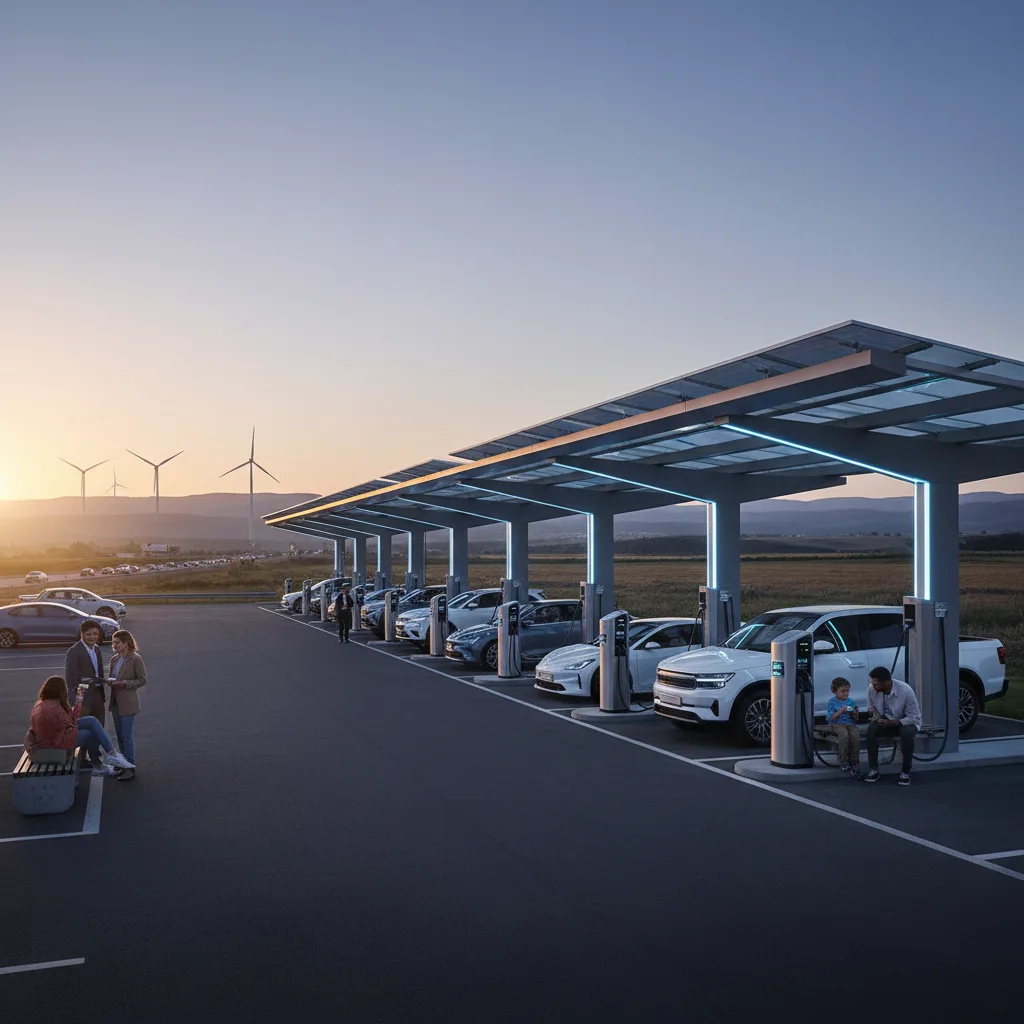 Station de recharge ultra-rapide moderne pour VE avec plusieurs voitures, éclairage naturel.