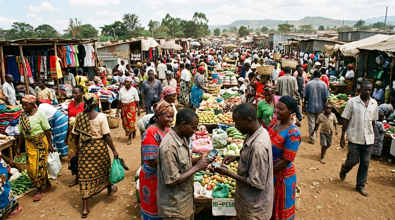 Kenyan market scene, people using mobile money.