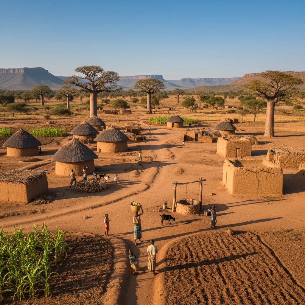 Rural village in Sub-Saharan Africa, basic infrastructure, subsistence farming.