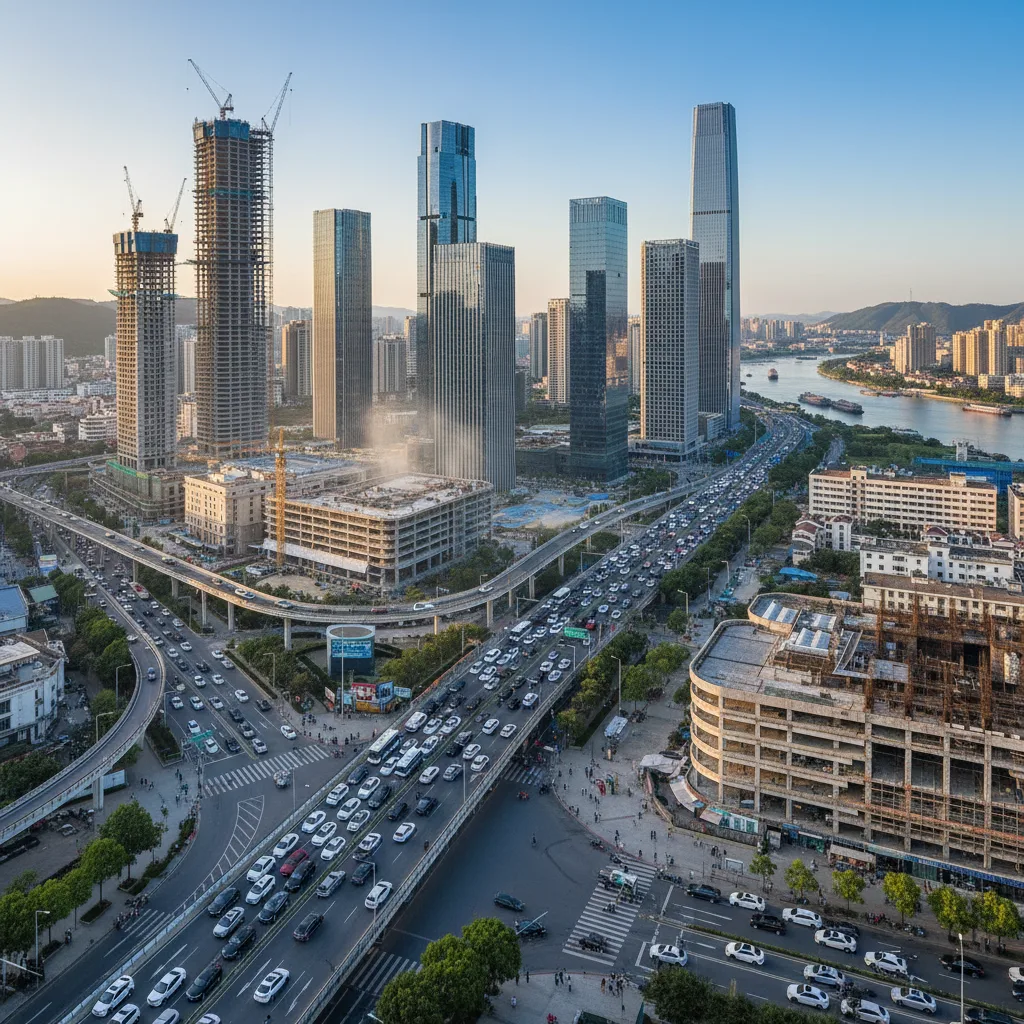 Bustling modern city skyline in an Asian emerging economy.
