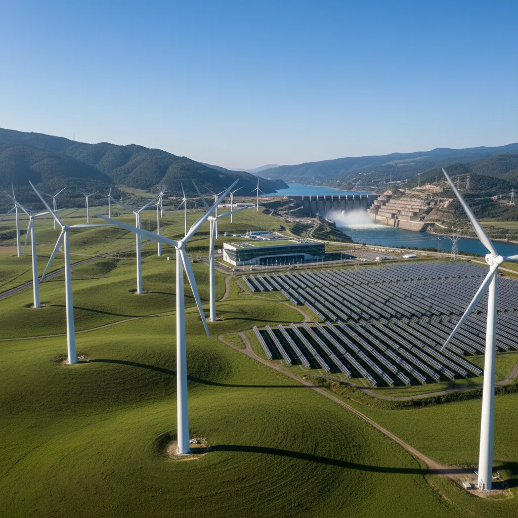 Renewable energy landscape: wind turbines, solar panels, and hydro dam.
