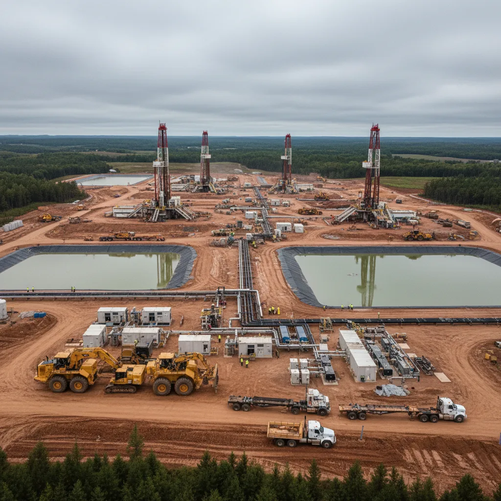 Industrial fracking site with heavy machinery, showing environmental impact.