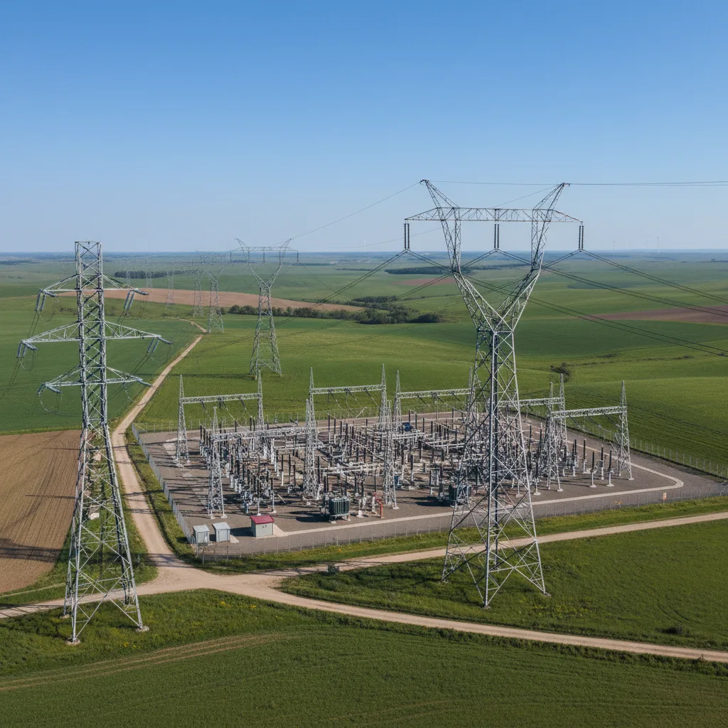 Modern electricity grid with transmission towers and substation.