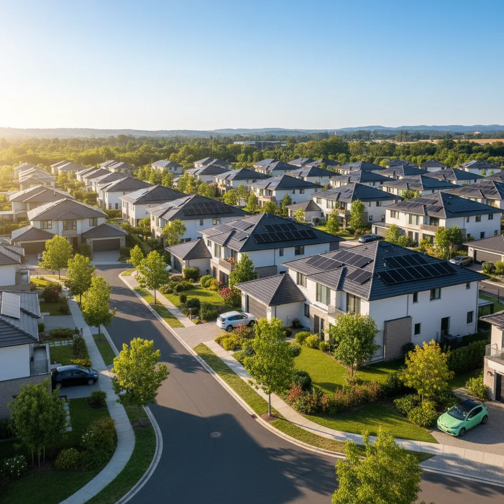 Modern suburban homes with sleek rooftop solar panels.