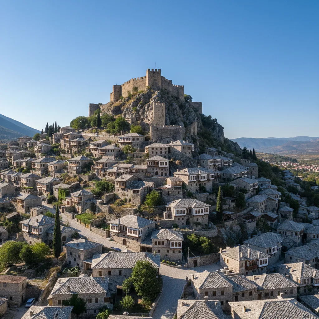 Historic Gjirokastër, Albania, with stone houses on a hillside.