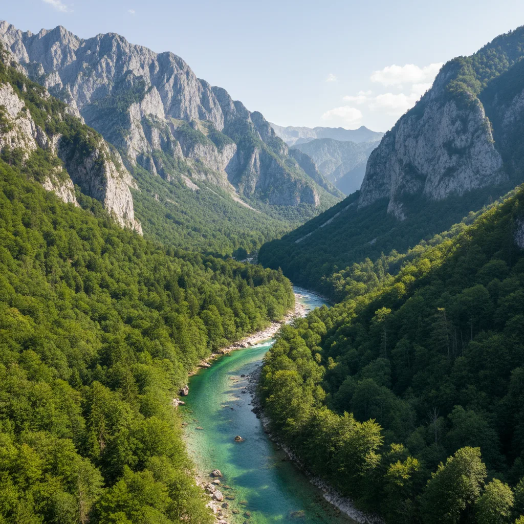 Emerald Soča River flowing through a lush mountain valley.
