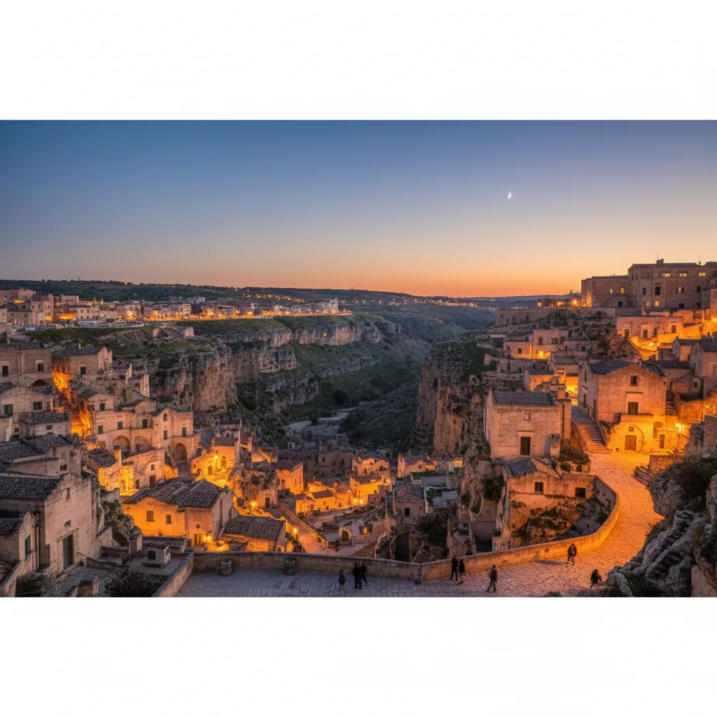 Ancient Matera, Italy, with Sassi cave dwellings illuminated at dusk.
