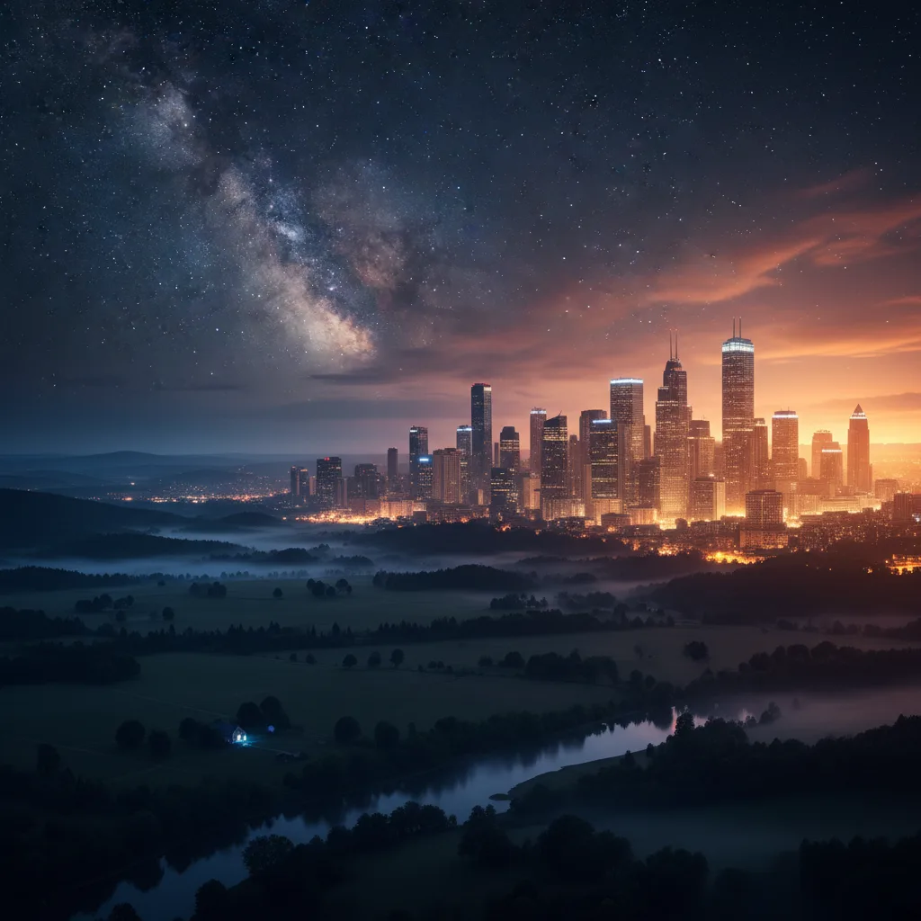 City glowing hot at night, contrasting with cool rural landscape.
