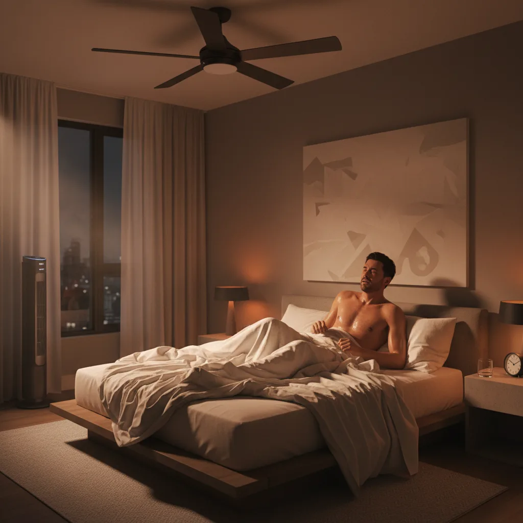 Person struggling to sleep in a hot, humid bedroom at night.