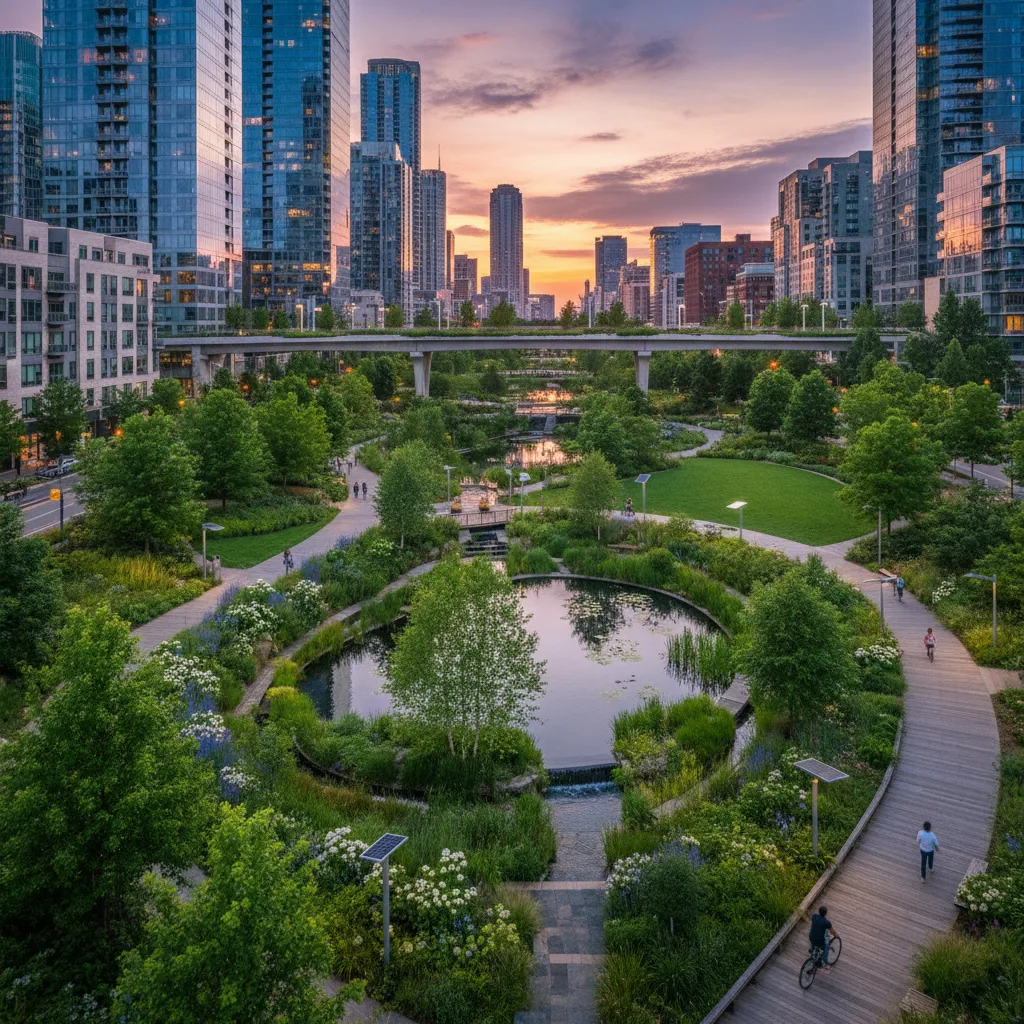 Green urban park with trees cooling a modern city.