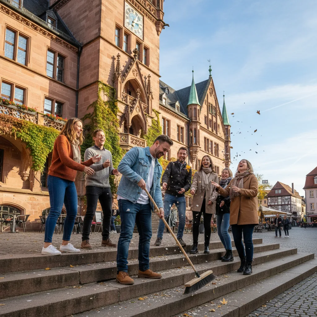 German man sweeping public steps on his 30th birthday.