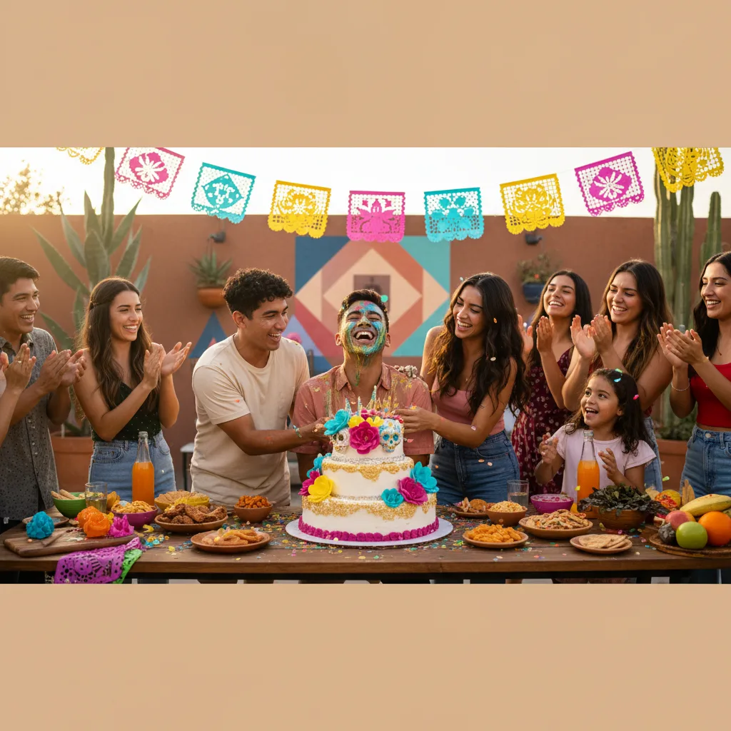 Mexican birthday celebrant's face pushed into a frosting-covered cake.
