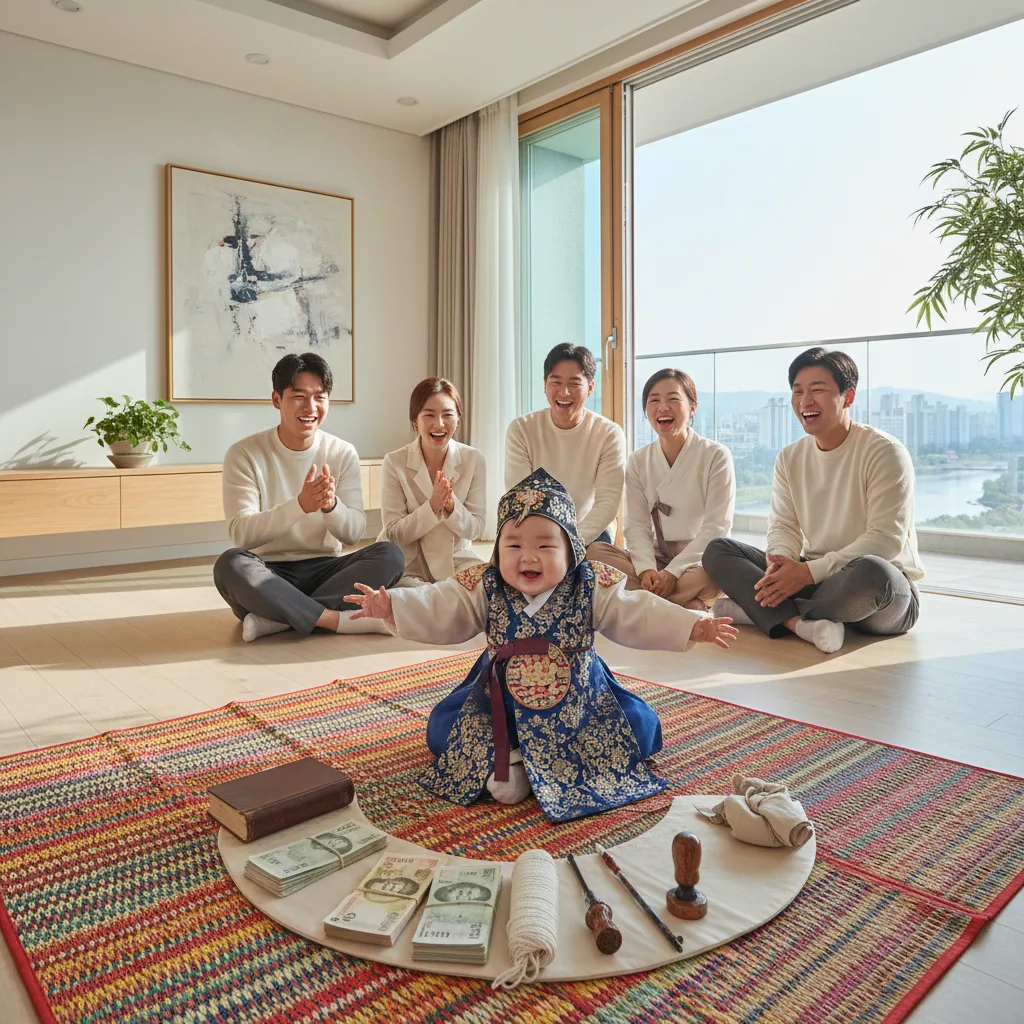 Korean baby reaching for objects during a Doljanchi ceremony.