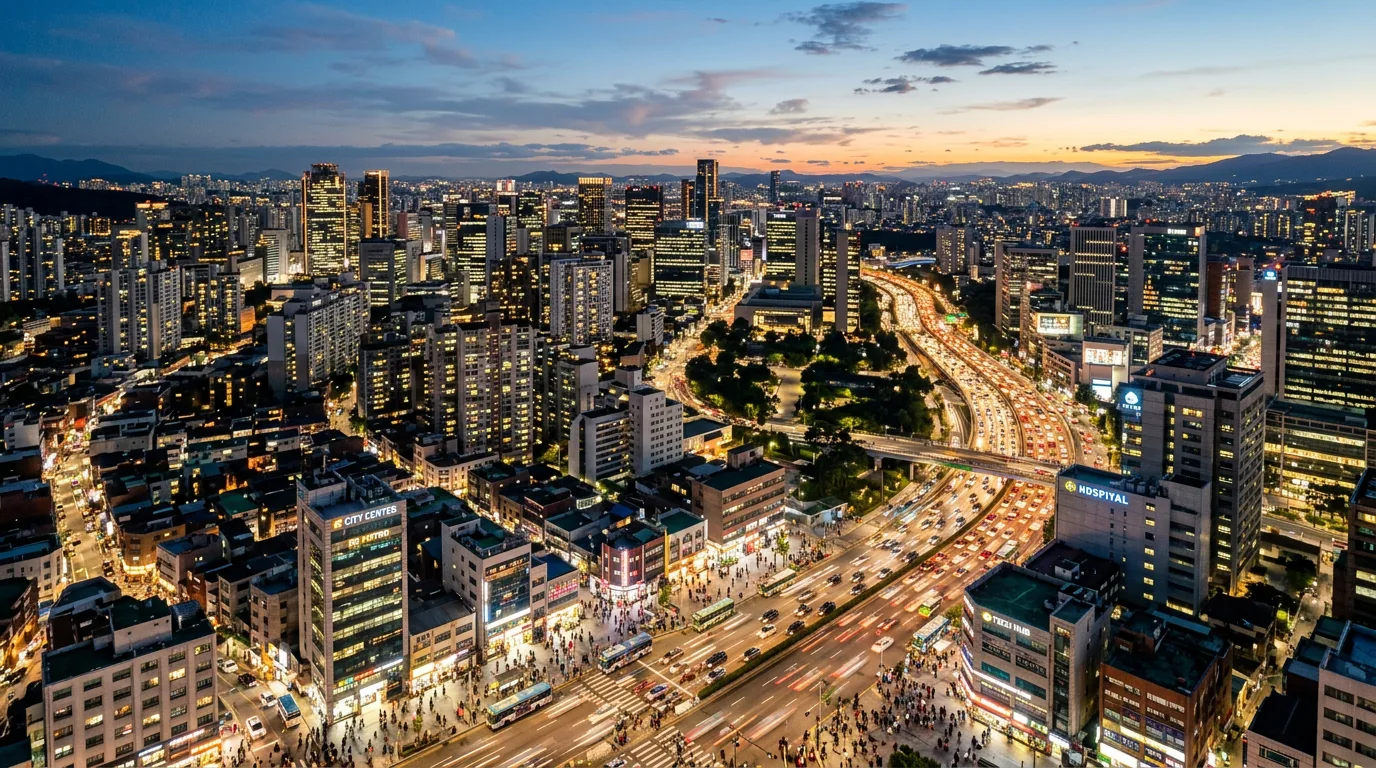 Bustling city skyline, dense population, urban expansion.
