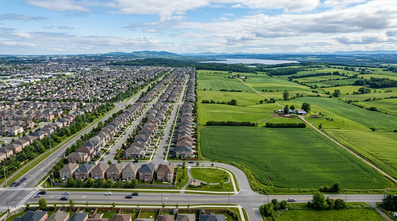 Urban sprawl encroaching on green farmland.