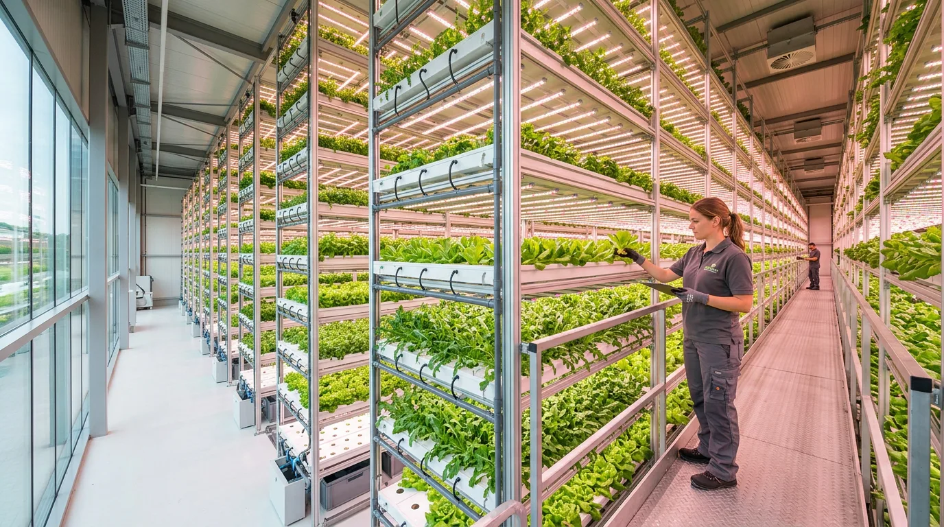 Modern indoor vertical farm with stacked crops.
