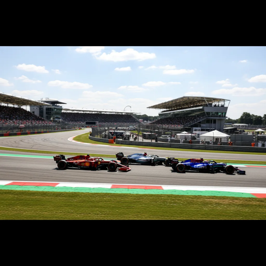 F1 cars racing during an early Sprint at Silverstone.