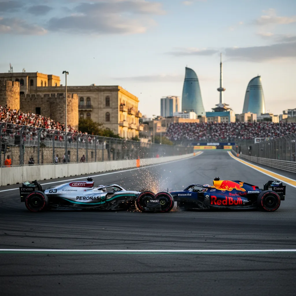 George Russell and Max Verstappen F1 cars making contact in Baku.
