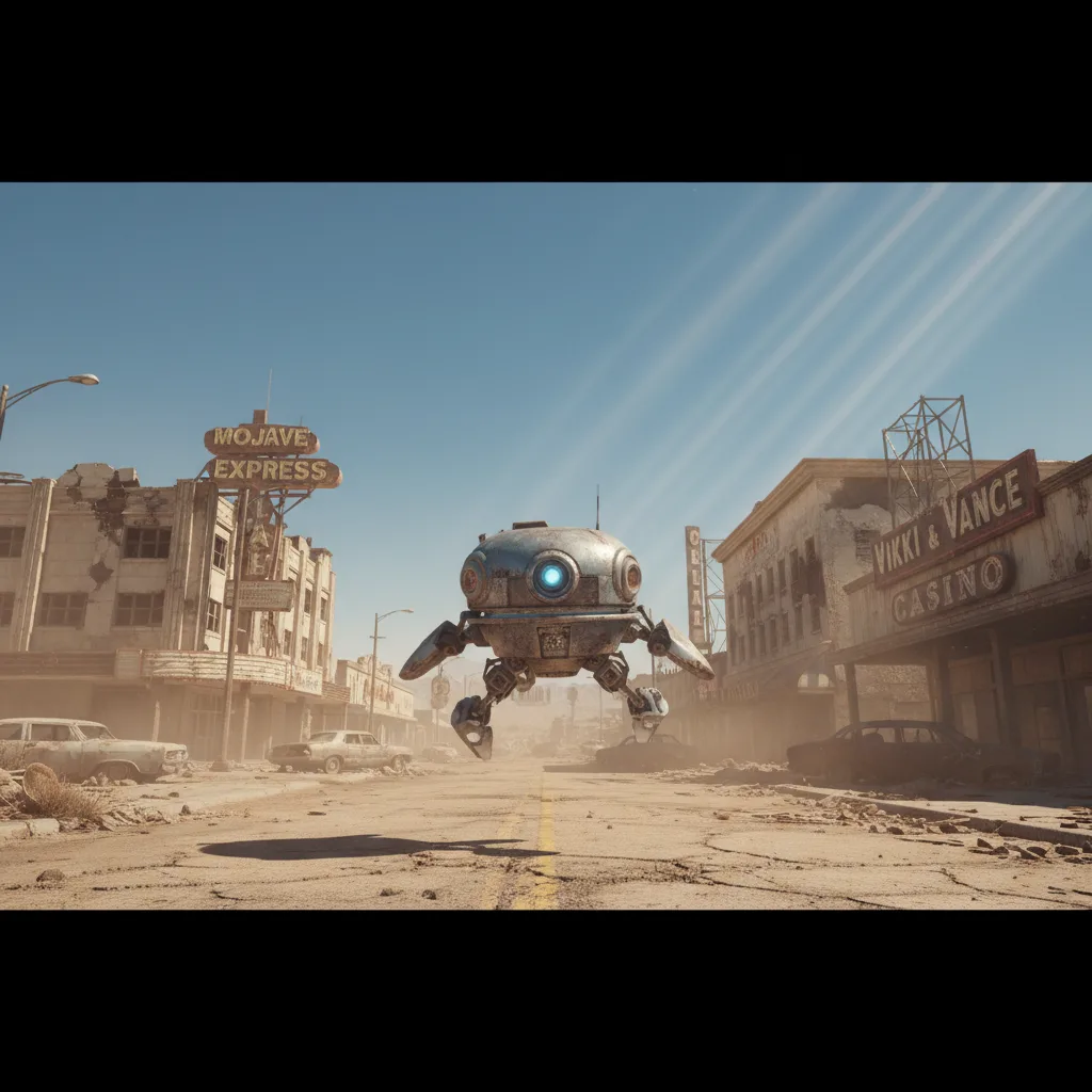 ED-E, the floating eyebot, in the desolate Primm casino town.