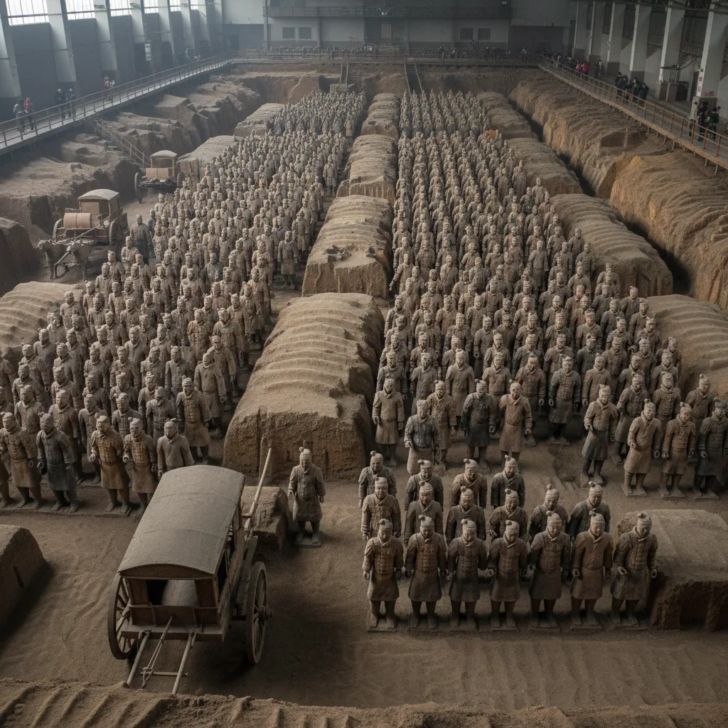 Thousands of ancient Terracotta Army soldiers in formation.